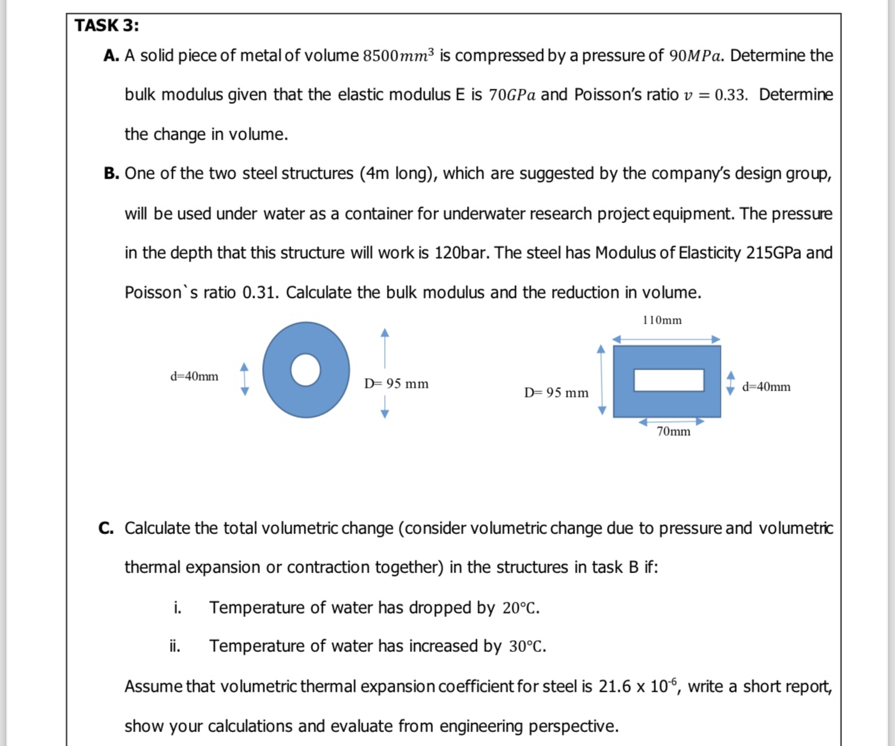 TASK 3 : A . A solid piece of metal of volume \ (
