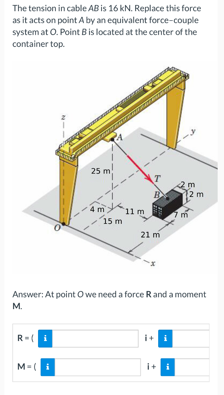The tension in cable A B is 1 6 kN . Replace this
