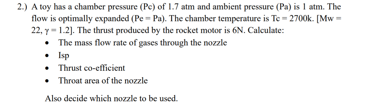 2 . ) A toy has a chamber pressure ( P c ) of 1 .