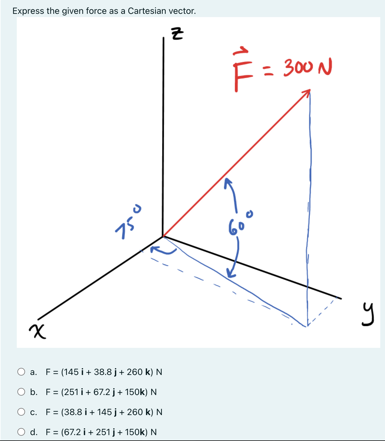 Express the given force as a Cartesian vector. a