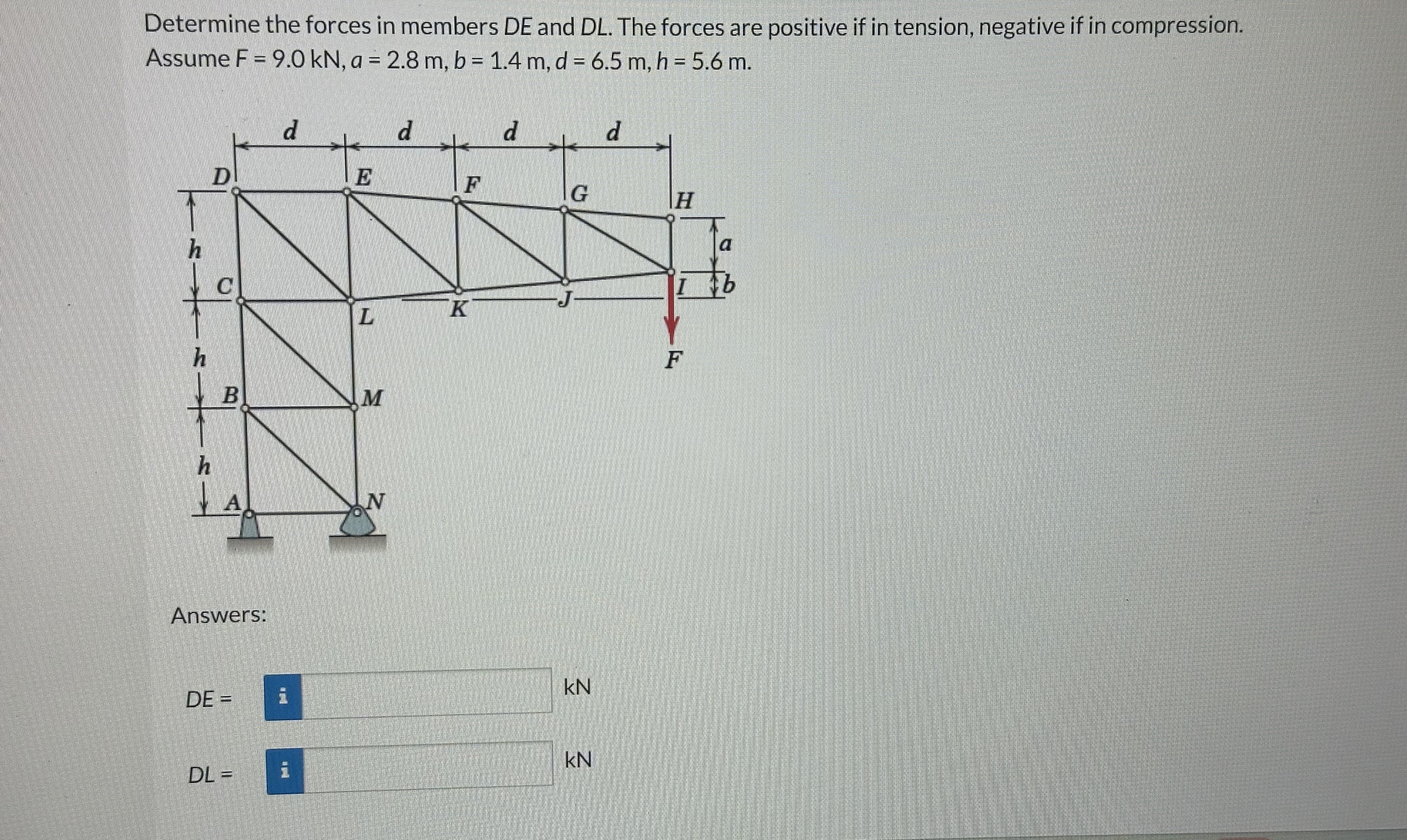 Determine the forces in members DE and DL . The