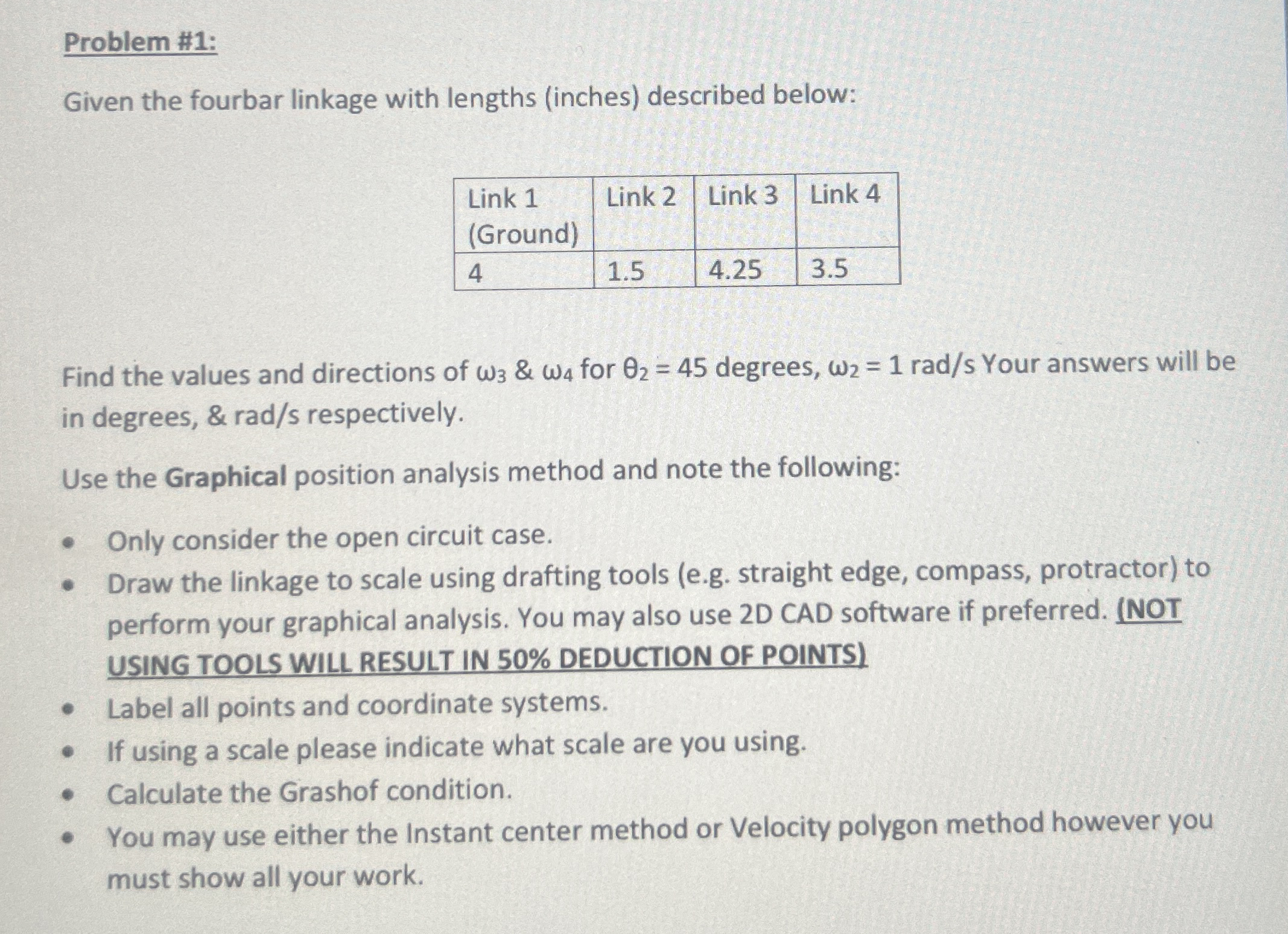 Do not use CAD. Problem # 1 : Given the fourbar