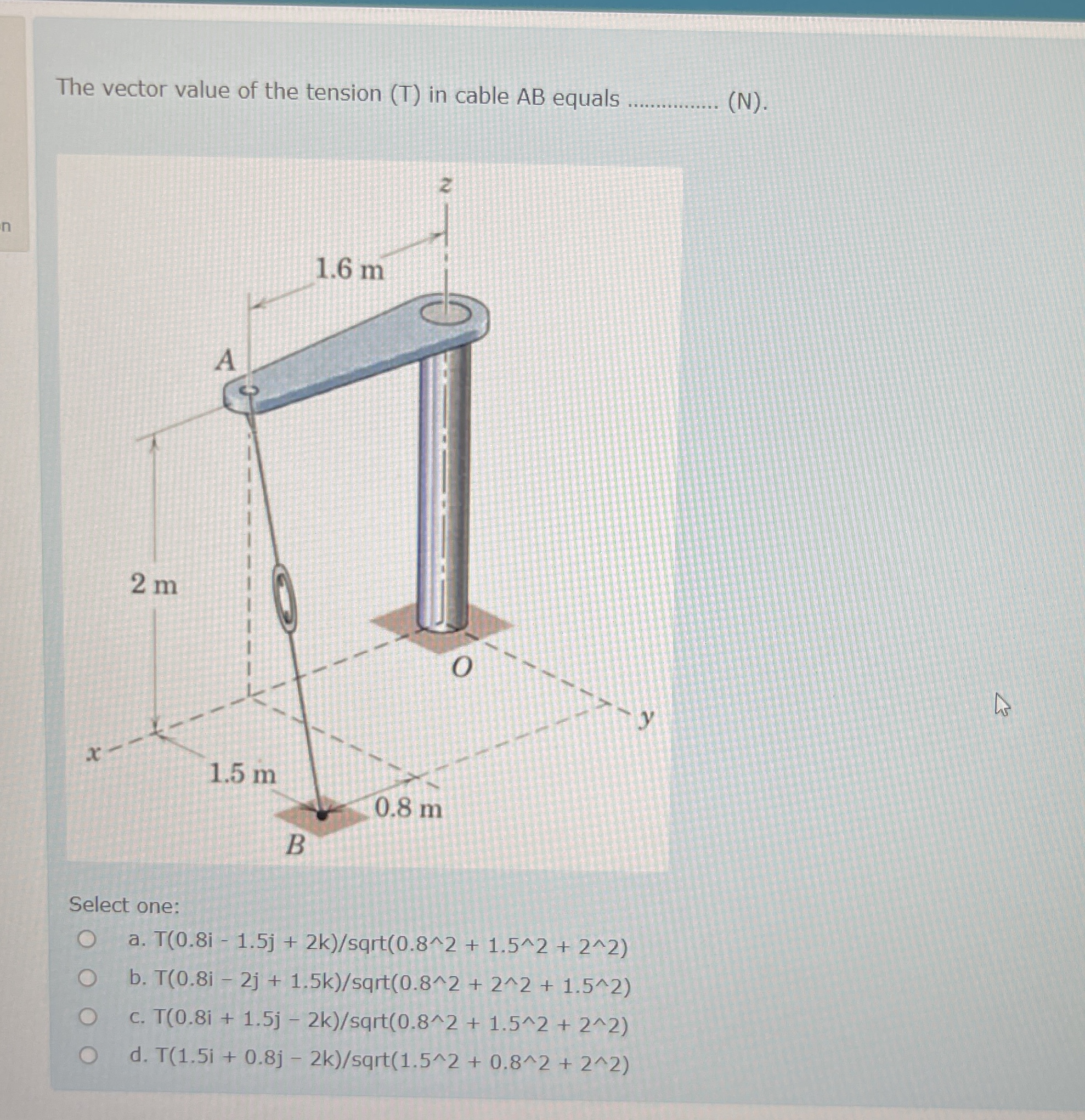 The vector value of the tension ( T ) in cable A