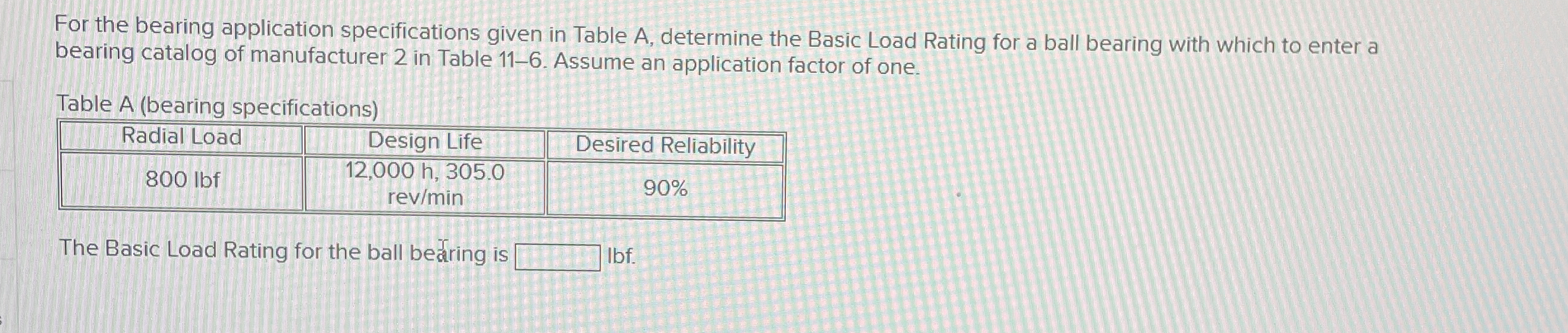 For the bearing application specifications given