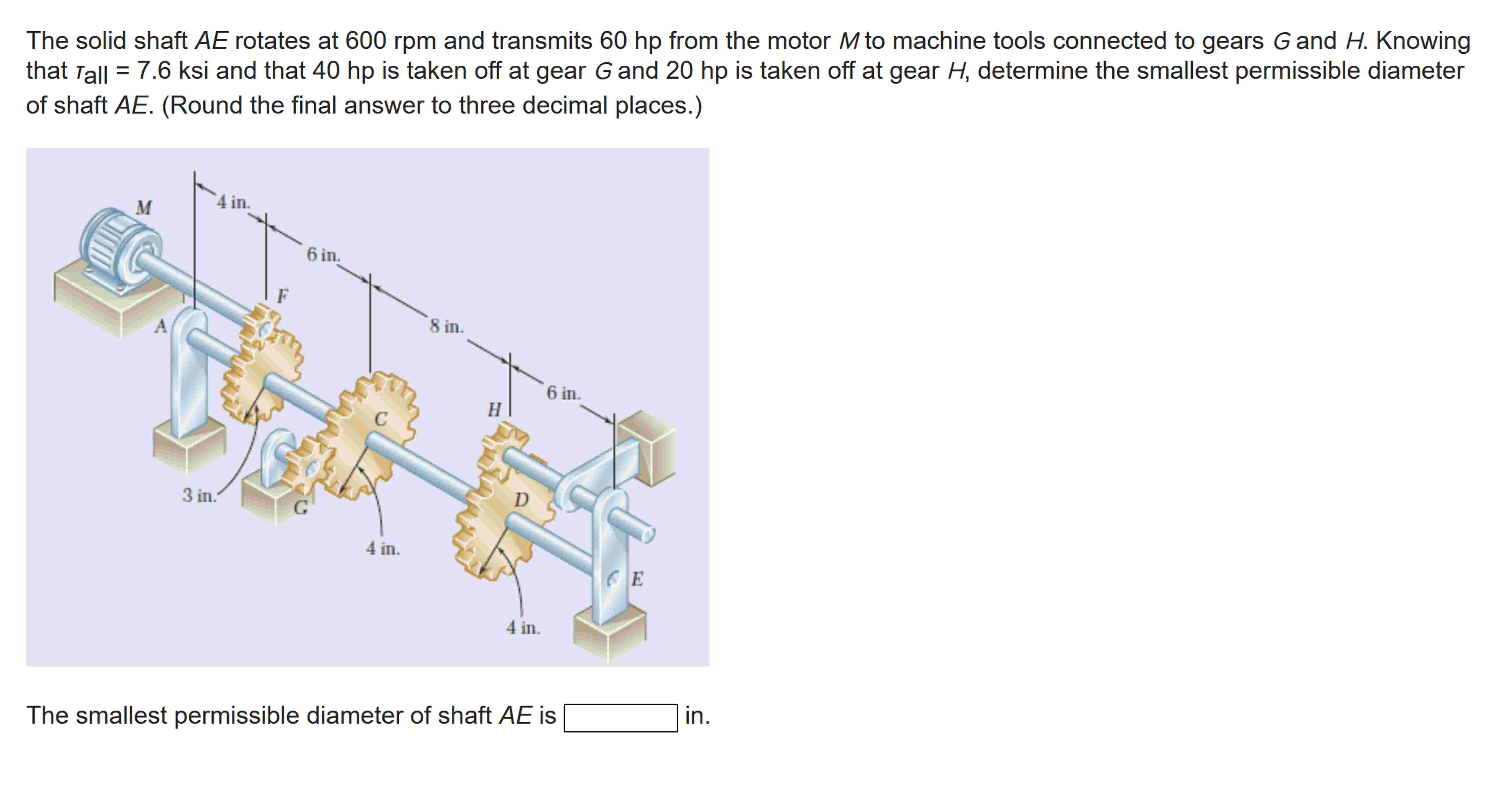 The solid shaft \ ( A E \ ) rotates at 6 0 0 rpm