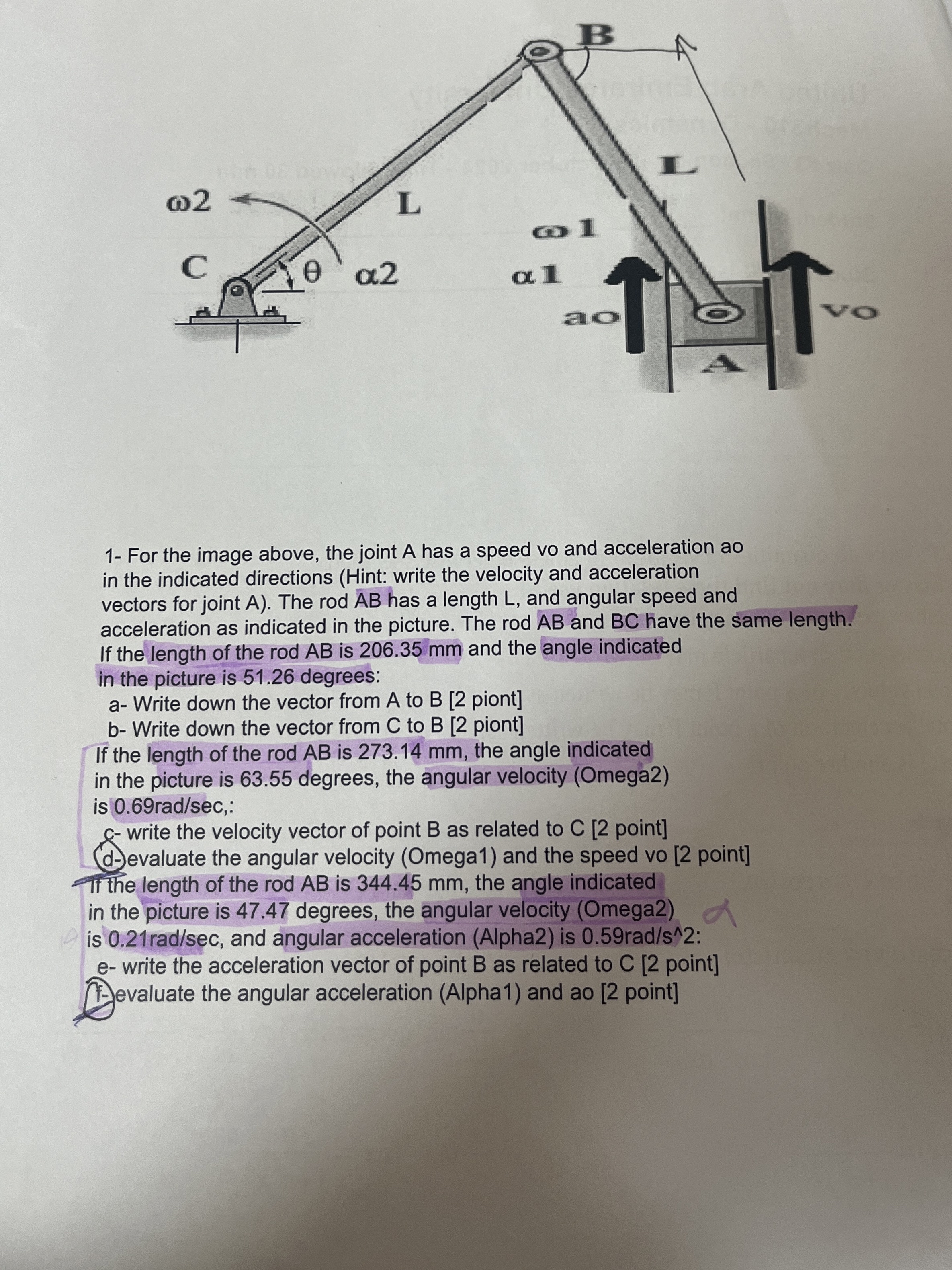 1 - For the image above, the joint A has a speed