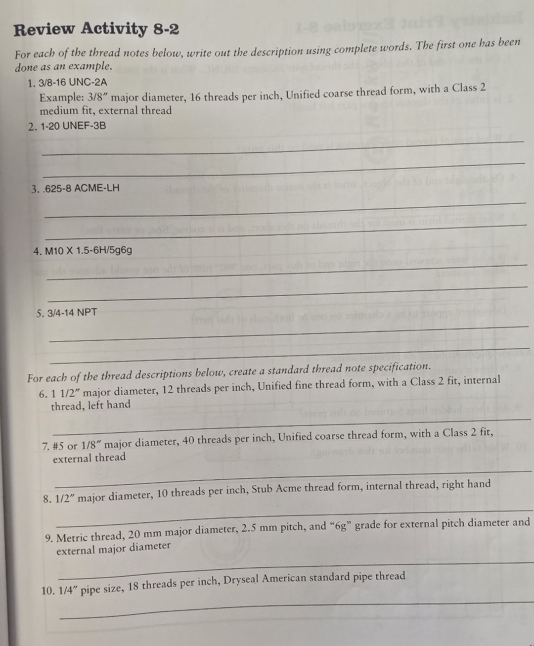 Review Activity 8 - 2 For each of the thread