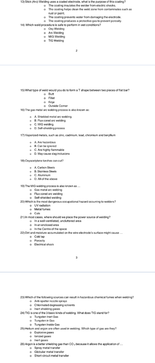 - Oxy Welding - Are Welding - MIG Welding - TIG