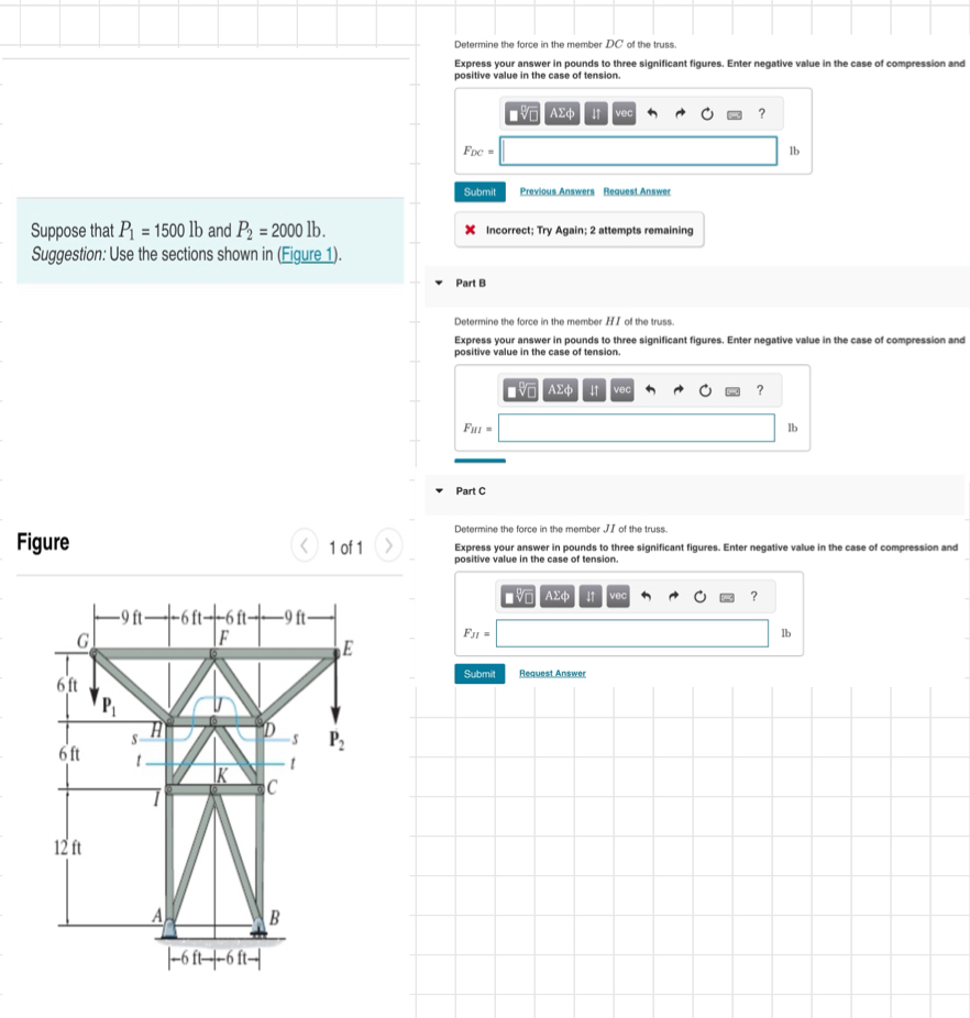 q , Determine the force in the member D C of the