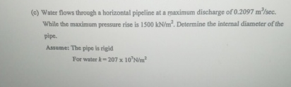 ( c ) Water flows through a horizontal pipeline