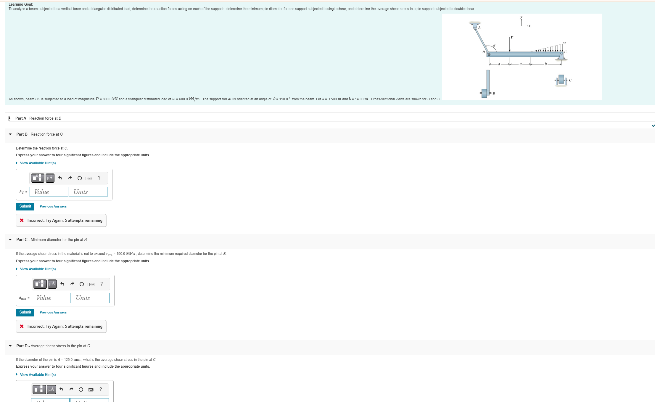 Part B - Reaction force at C Determine the