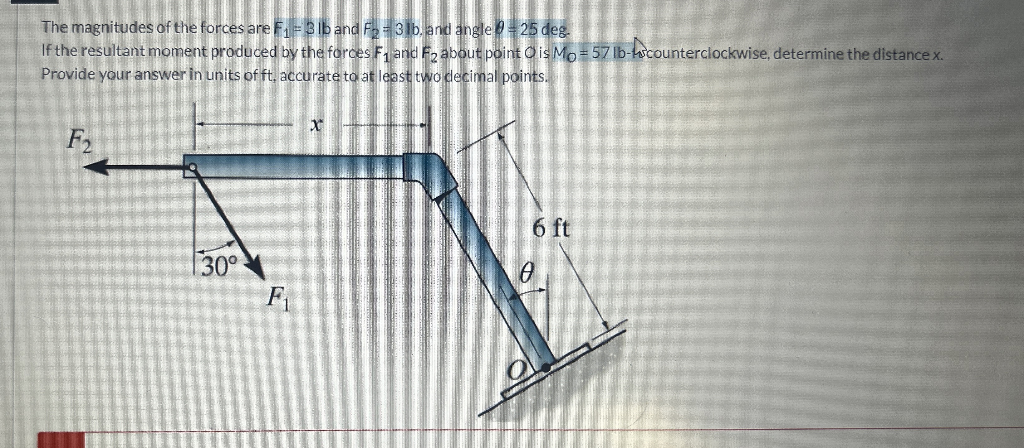 The magnitudes of the forces are F 1 = 3 l b and