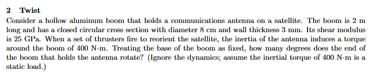 2 Twist Consider a hollow aluminum boom that