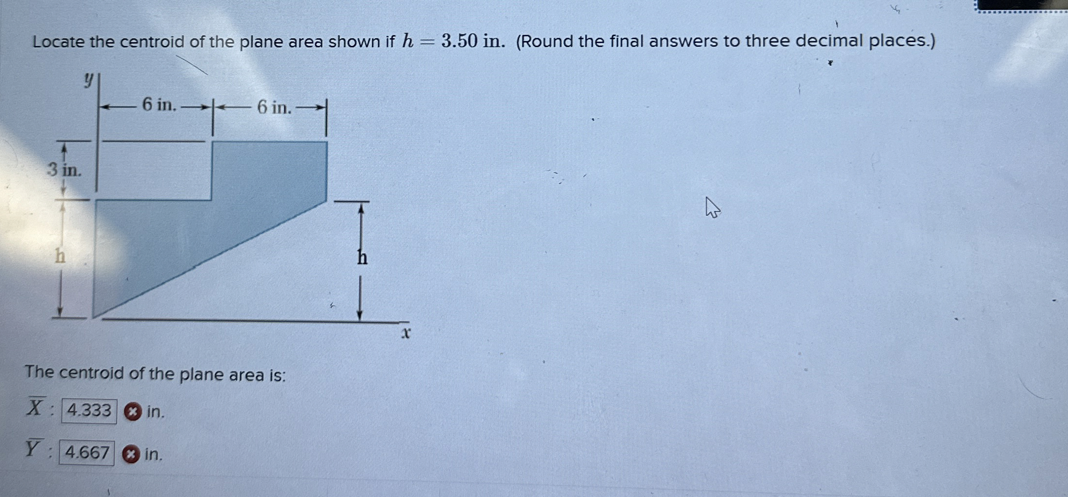 Locate the centroid of the plane area shown if h