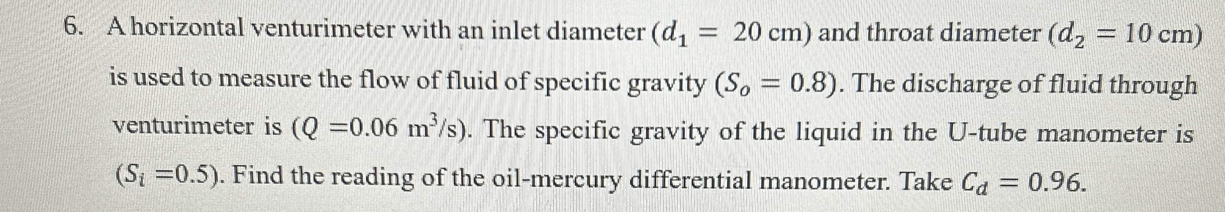 A horizontal venturimeter with an inlet diameter