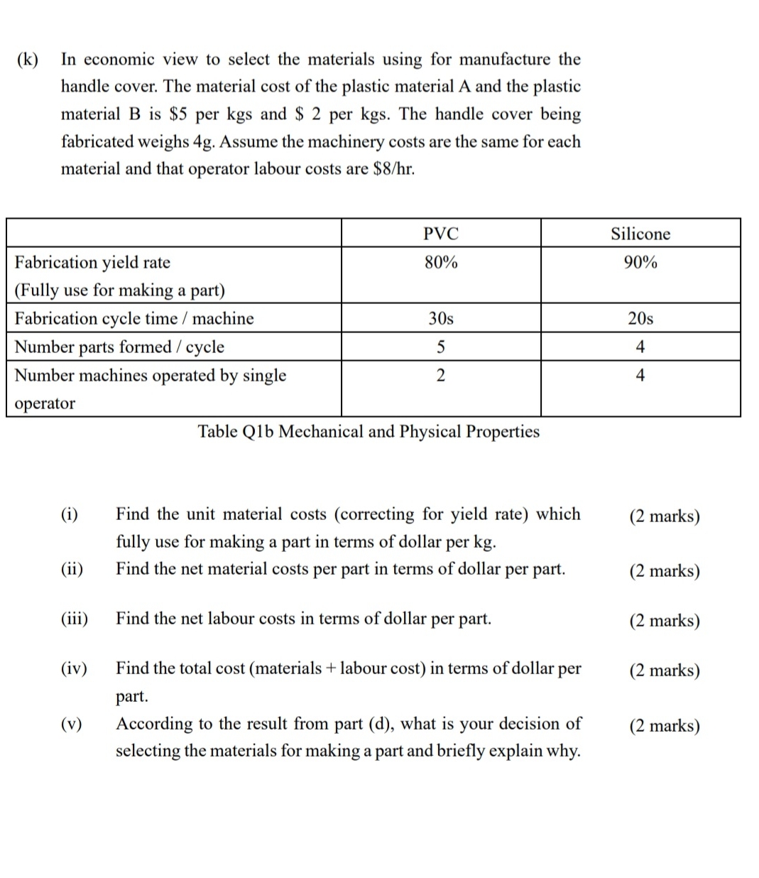 ( k ) In economic view to select the materials