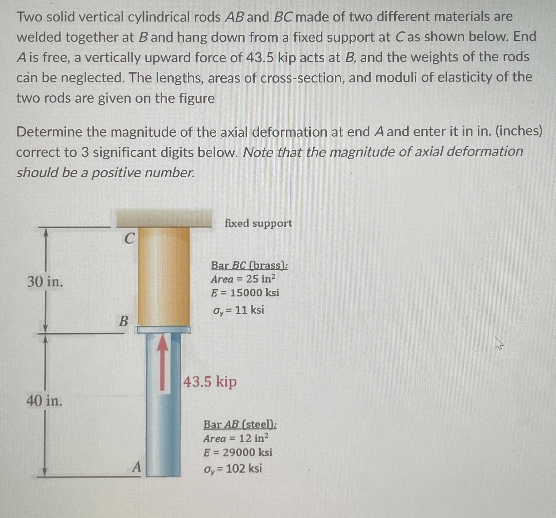 Two solid vertical cylindrical rods A B and B C