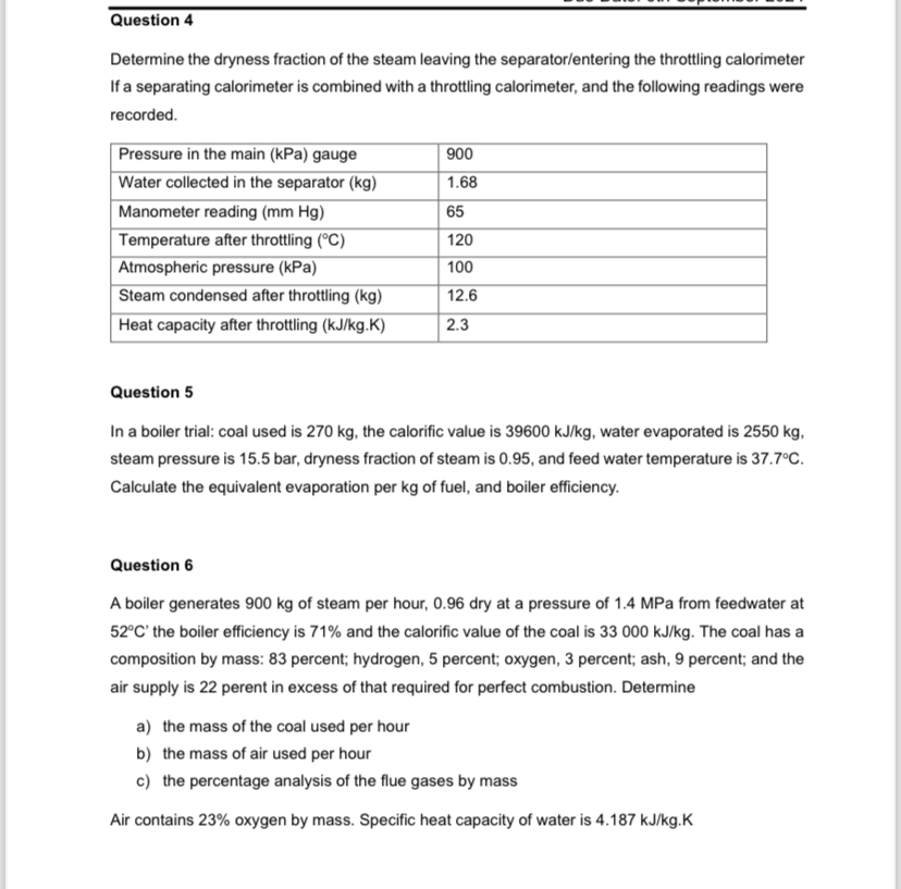 Question 4 Determine the dryness fraction of the