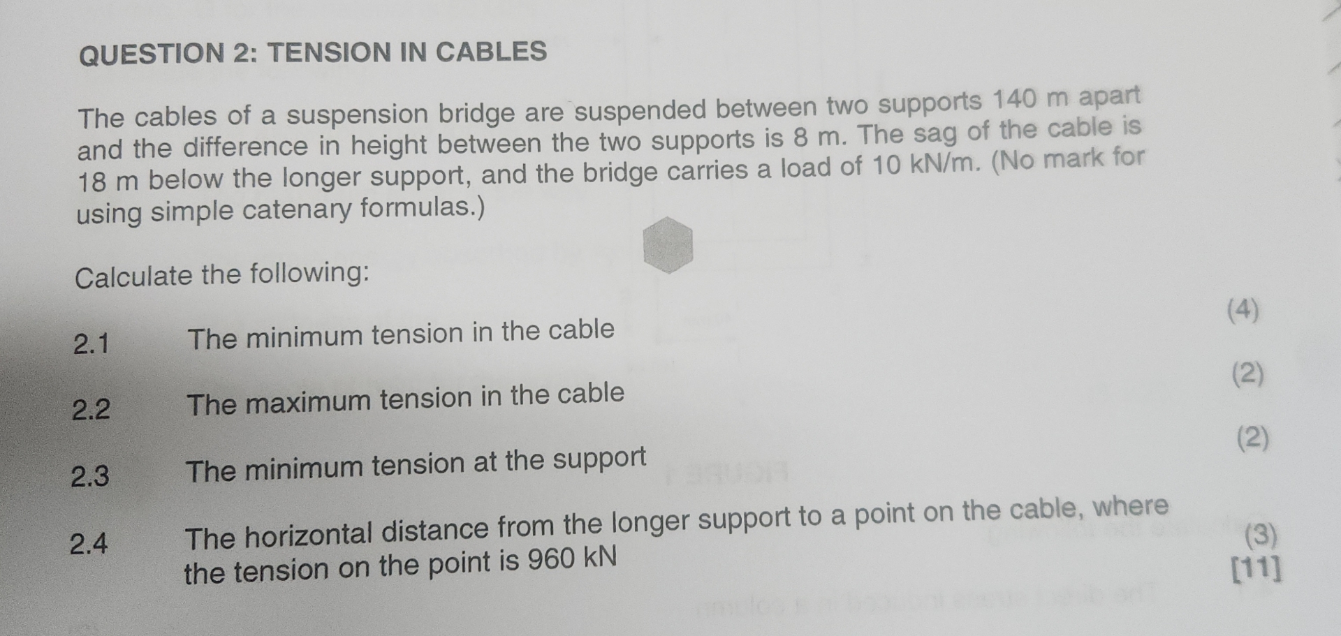 QUESTION 2 : TENSION IN CABLES The cables of a