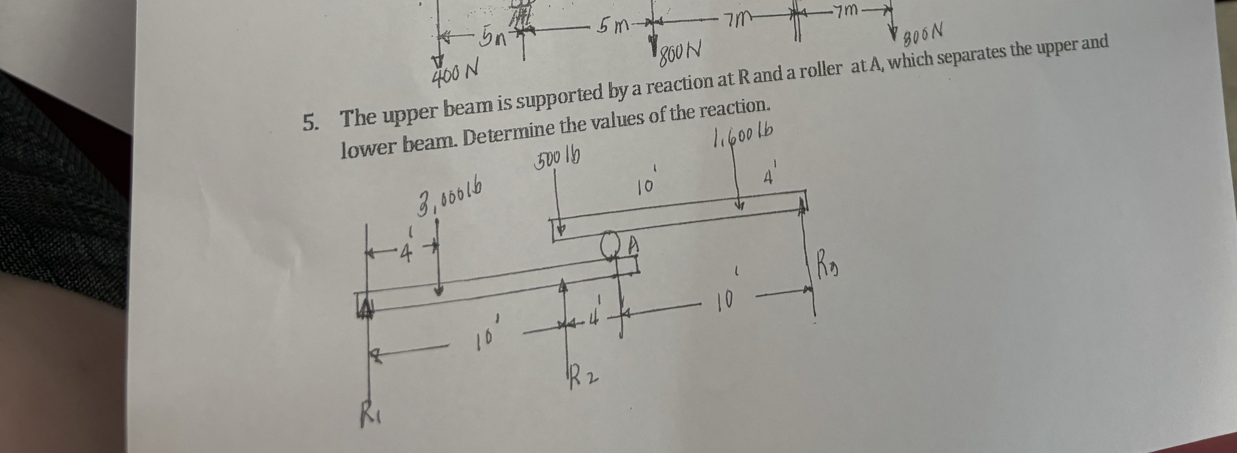 The upper beam is supported by a reaction at R