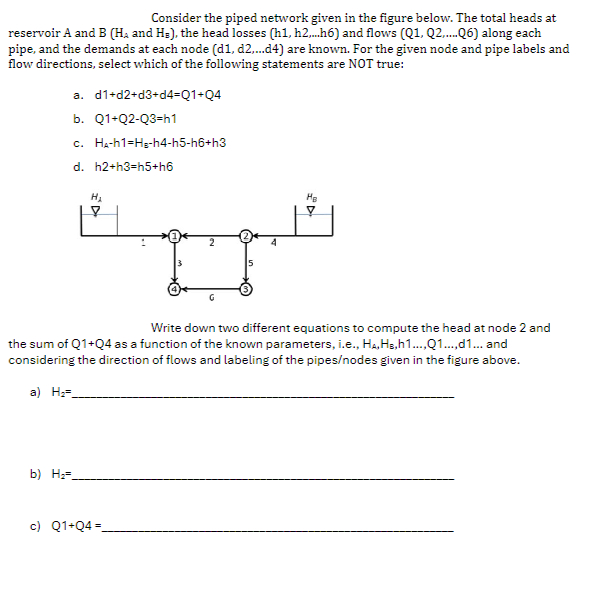 Consider the piped network given in the figure