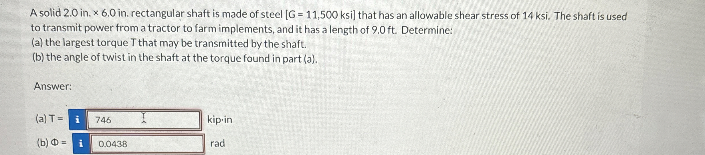 A solid 2 . 0 i n . 6 . 0 i n . rectangular shaft