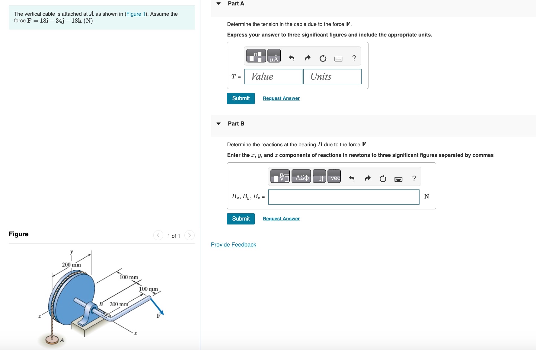 The vertical cable is attached at A as shown in (