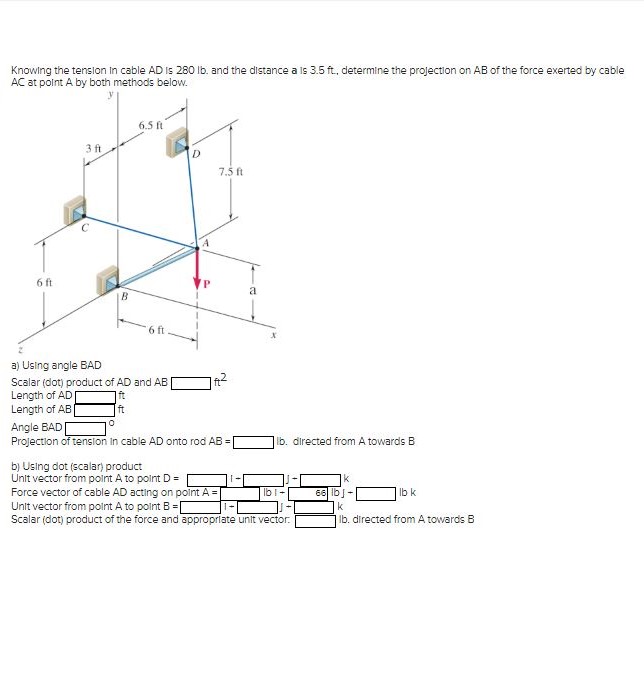 Knowing the tension in cable AD is 2 8 0 lb . and
