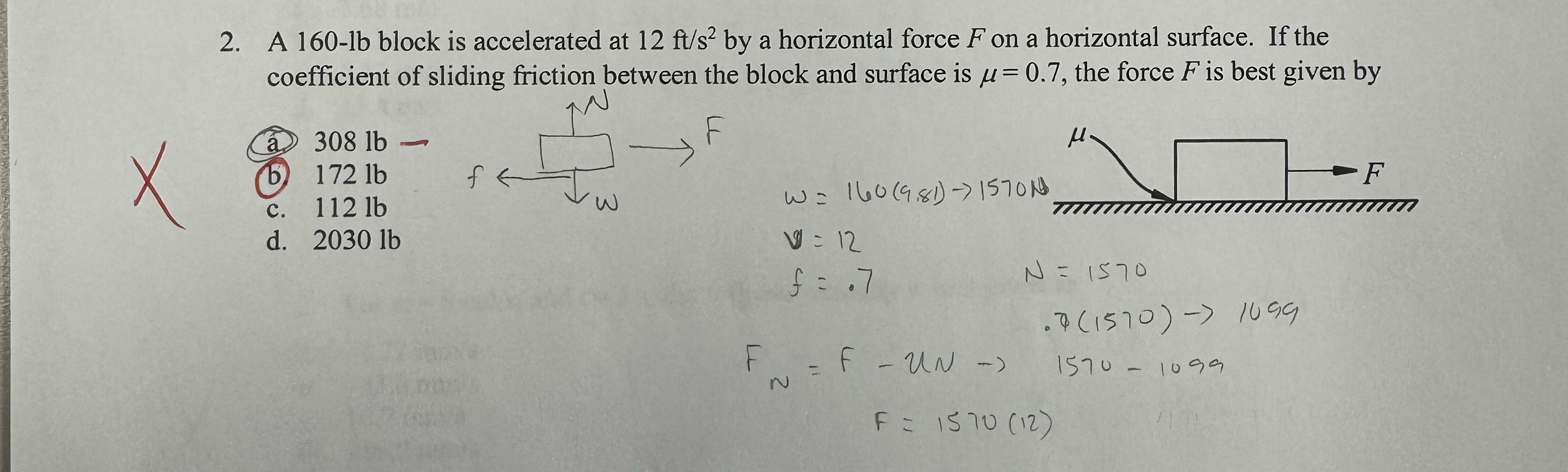 A 1 6 0 - l b block is accelerated at 1 2 f t s 2