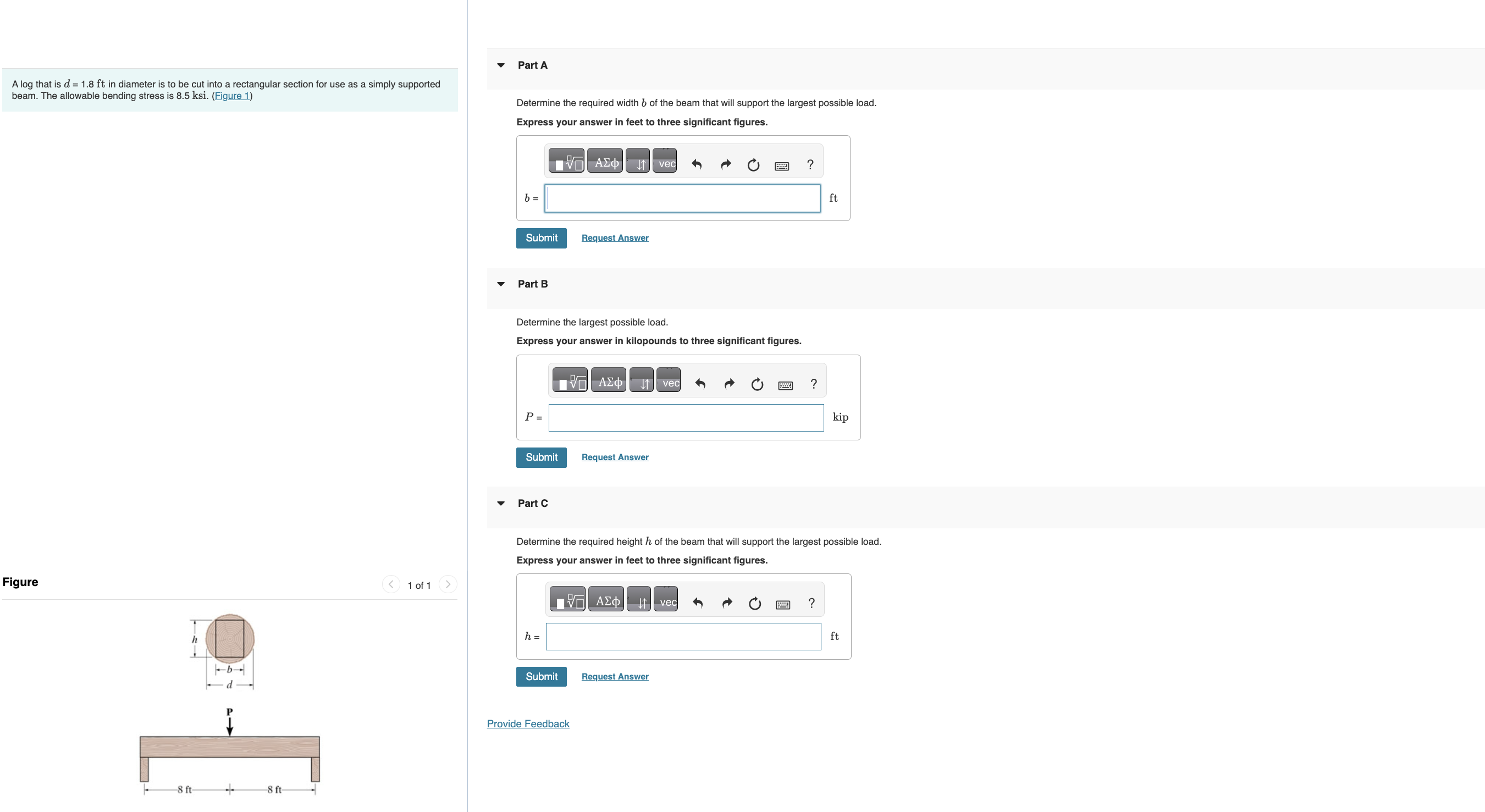 A log that is \ ( d = 1 . 8 \ mathrm { ft } \ )
