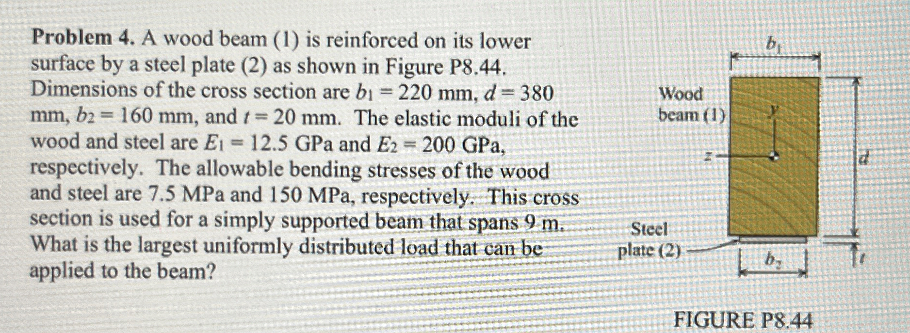 Problem 4 . A wood beam ( 1 ) is reinforced on