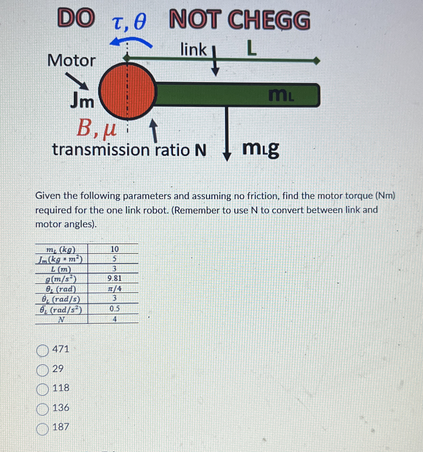 Given the following parameters and assuming no