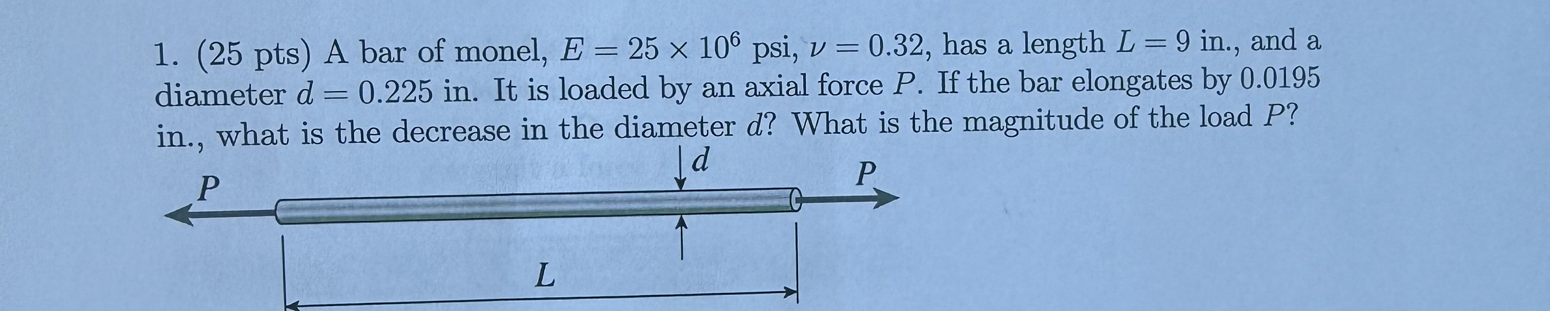 ( 2 5 pts ) A bar of monel, E = 2 5 1 0 6 , u = 0