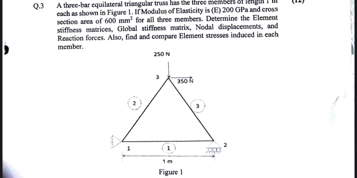 Q . 3 A three - bar equilateral triangular truss