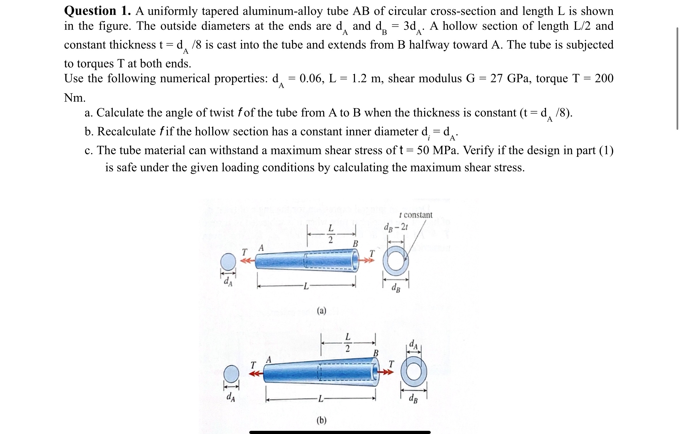 A uniformly tapered aluminum - alloy tube AB of