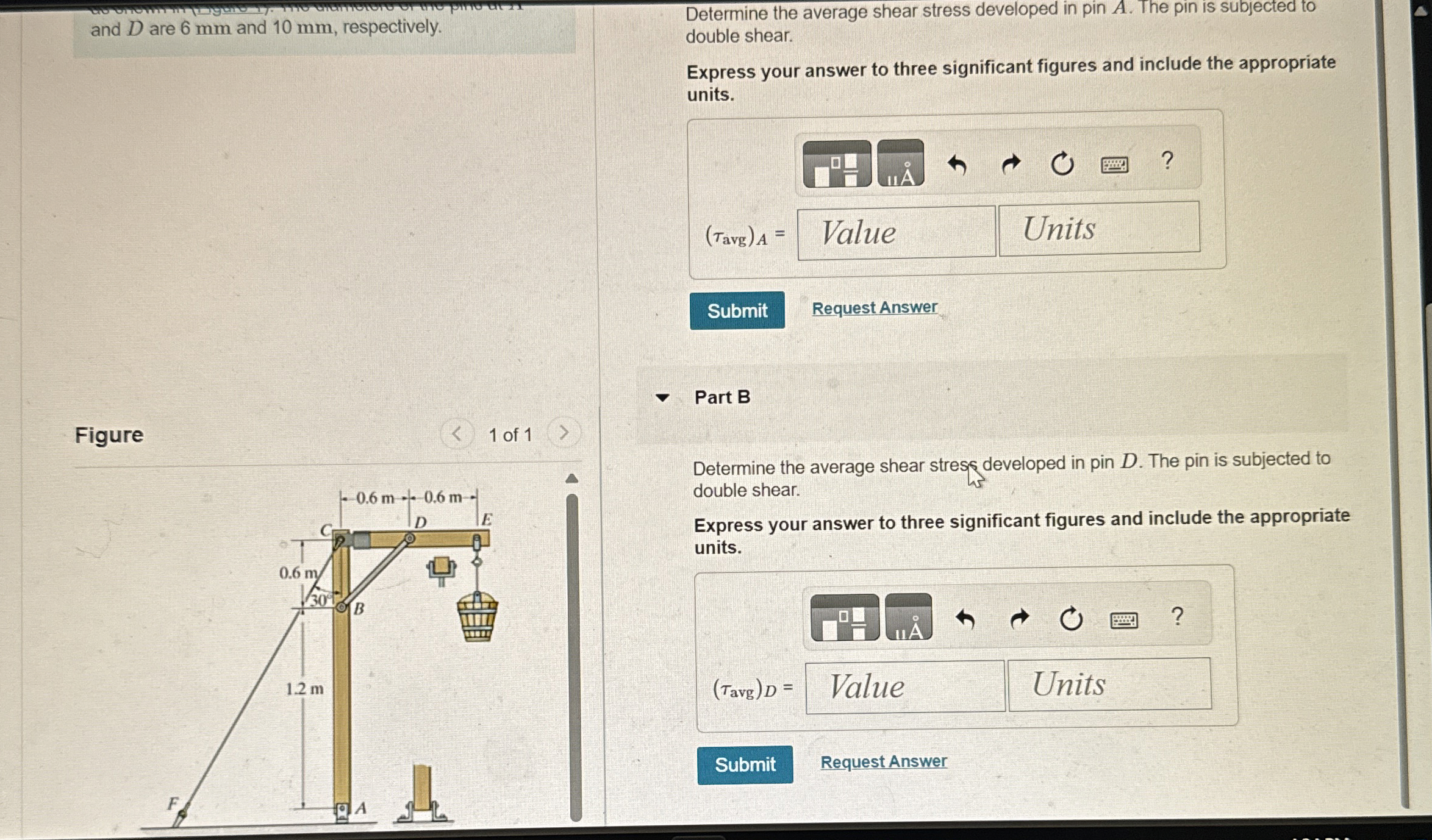 The 1 9 5 - kg bucket is suspended from end E of