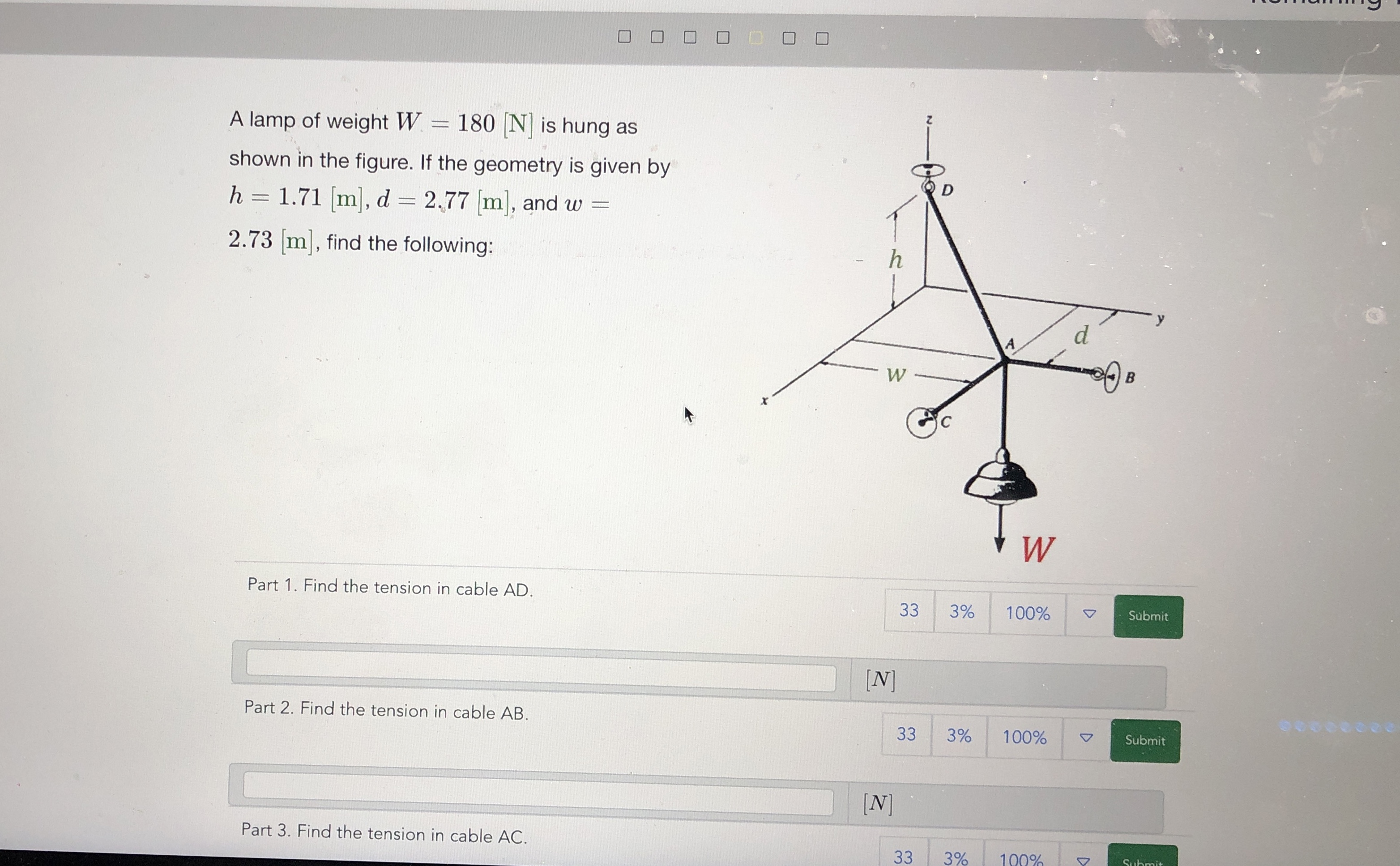 A lamp of weight W = 1 8 0 [ N ] is hung as shown