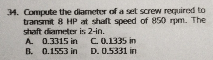 Compute the diameter of a set screw required to