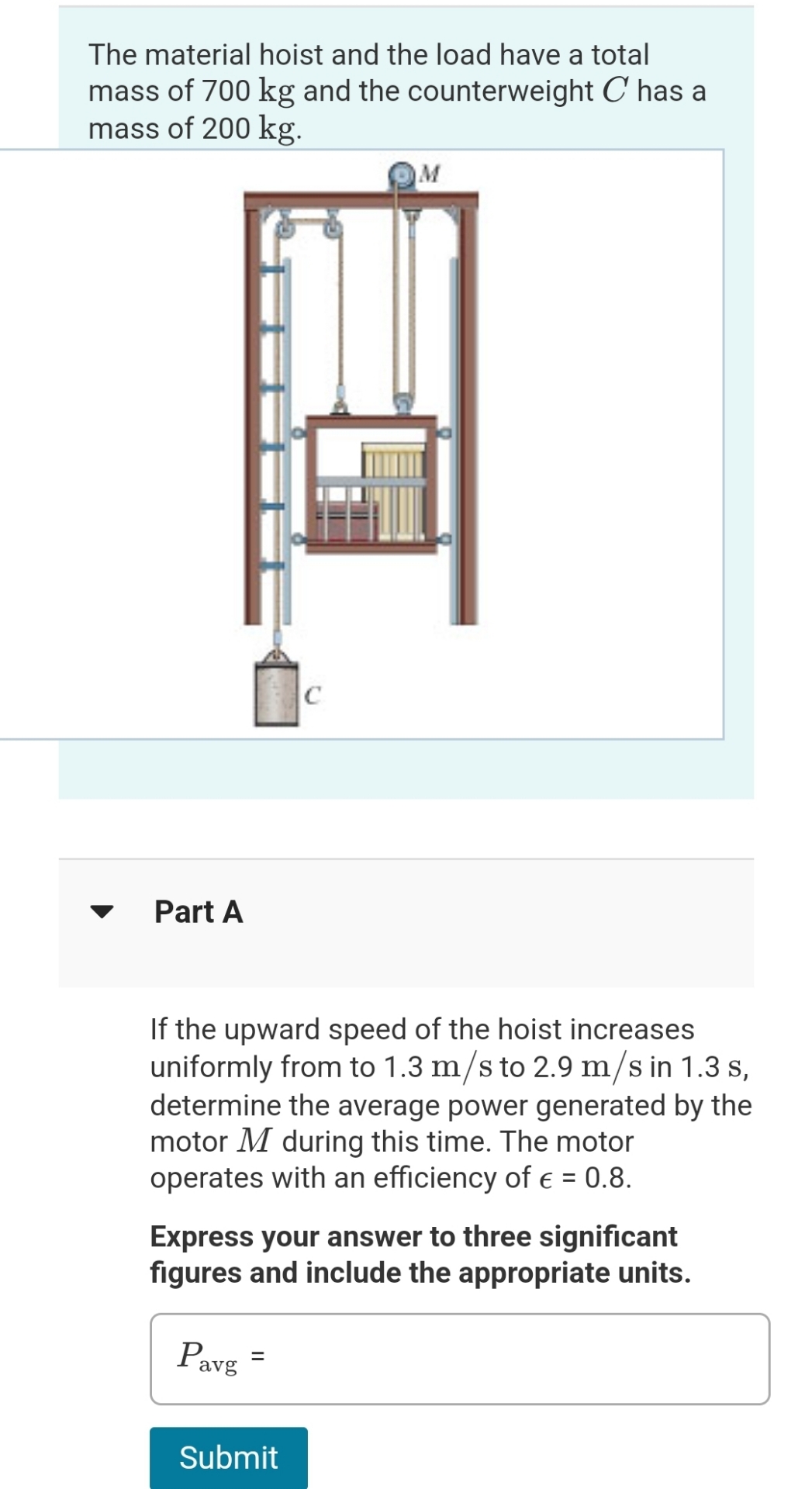 The material hoist and the load have a total mass