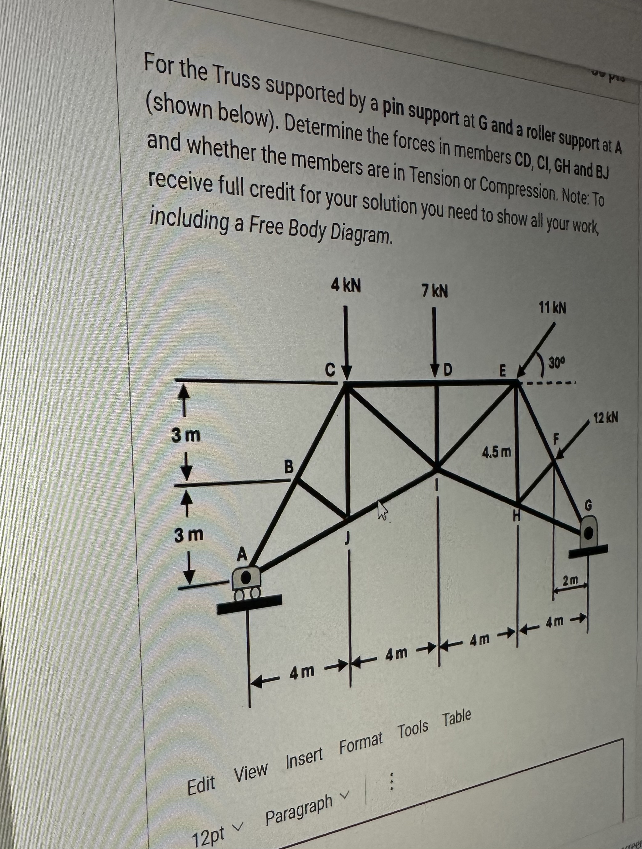 For the Truss supported by a pin support at G and