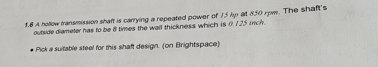 1 . 6 A hollow transmission shaft is carrying a