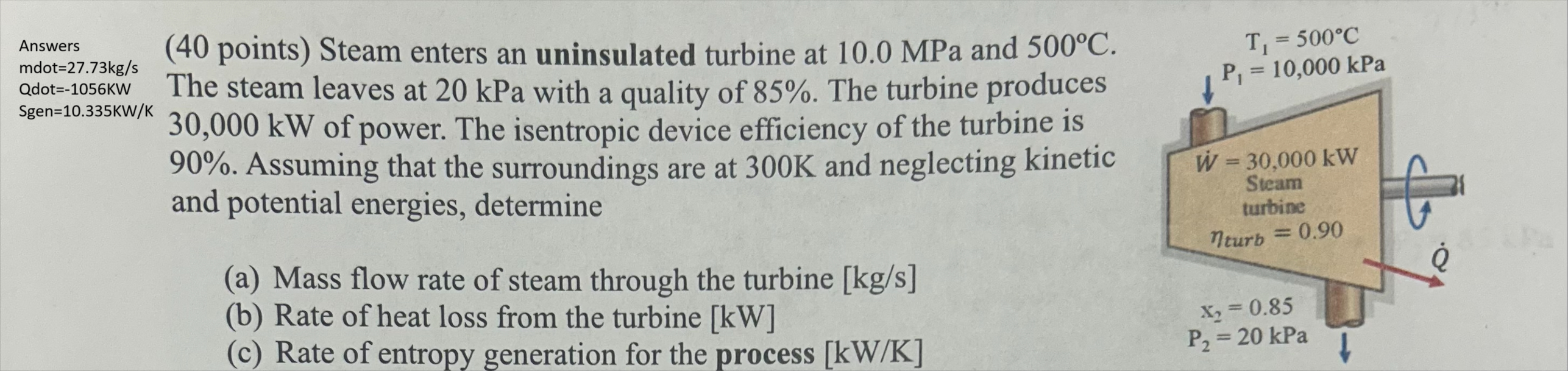 Answers mdot = 2 7 . 7 3 kg / s Qdot = - 1 0 5 6