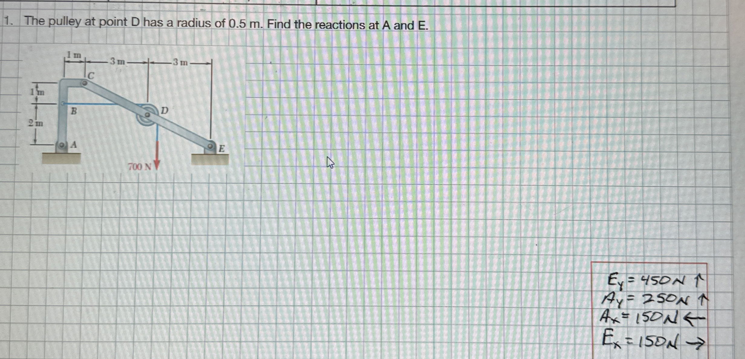 The pulley at point D has a radius of 0 . 5 m .