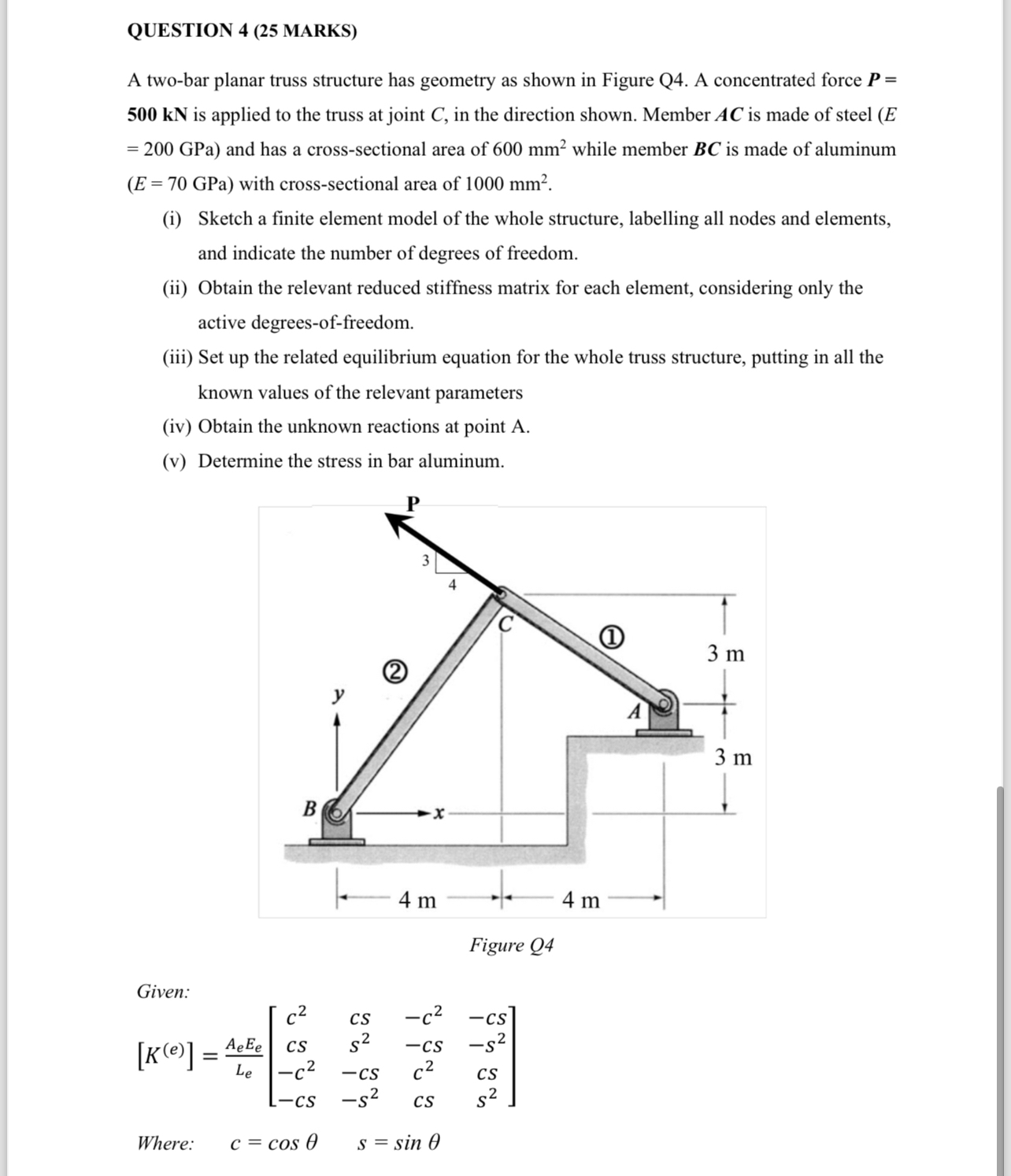 QUESTION 4 ( 2 5 MARKS ) A two - bar planar truss