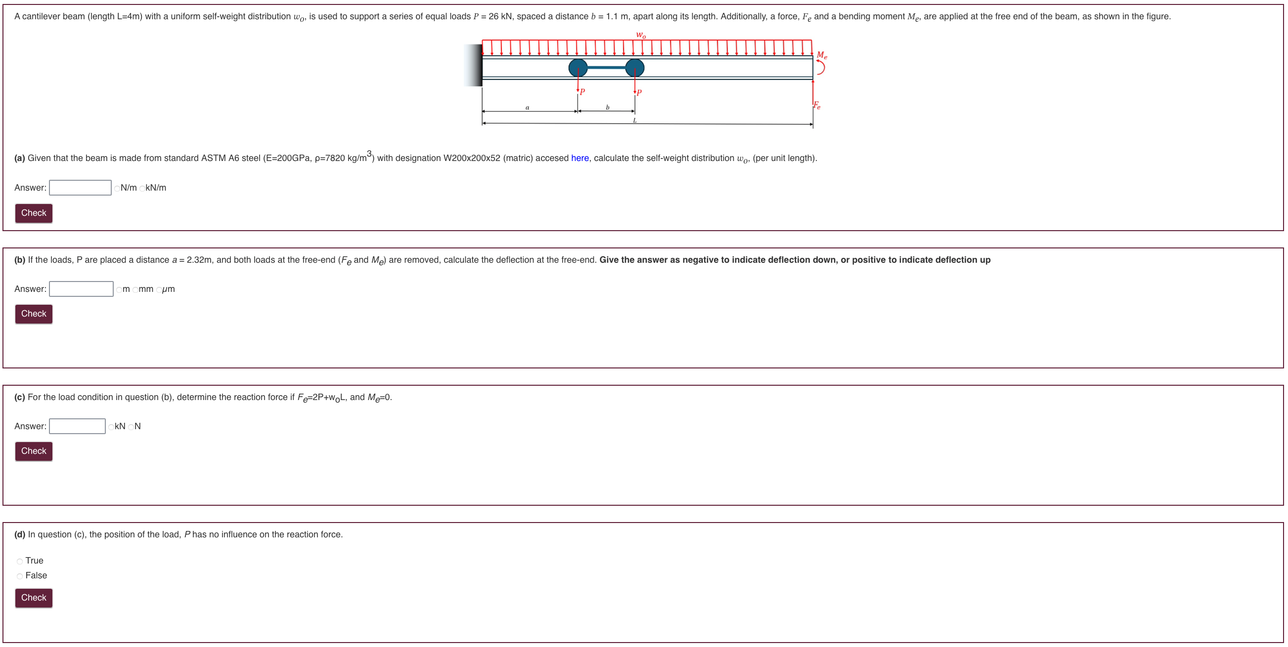 A cantilever beam ( length L = 4 m ) with a