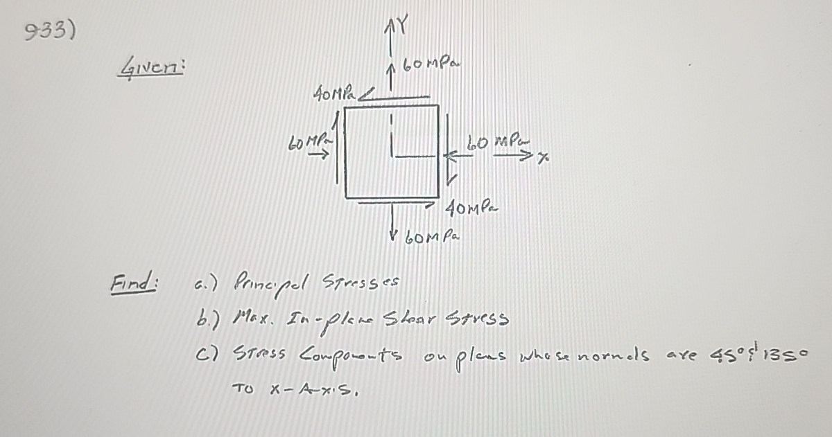 Given: Find: a . ) Principel Siresses b . ) Max.