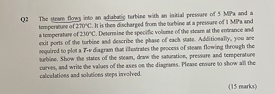 Q 2 The steam flows into an adiabatic turbine