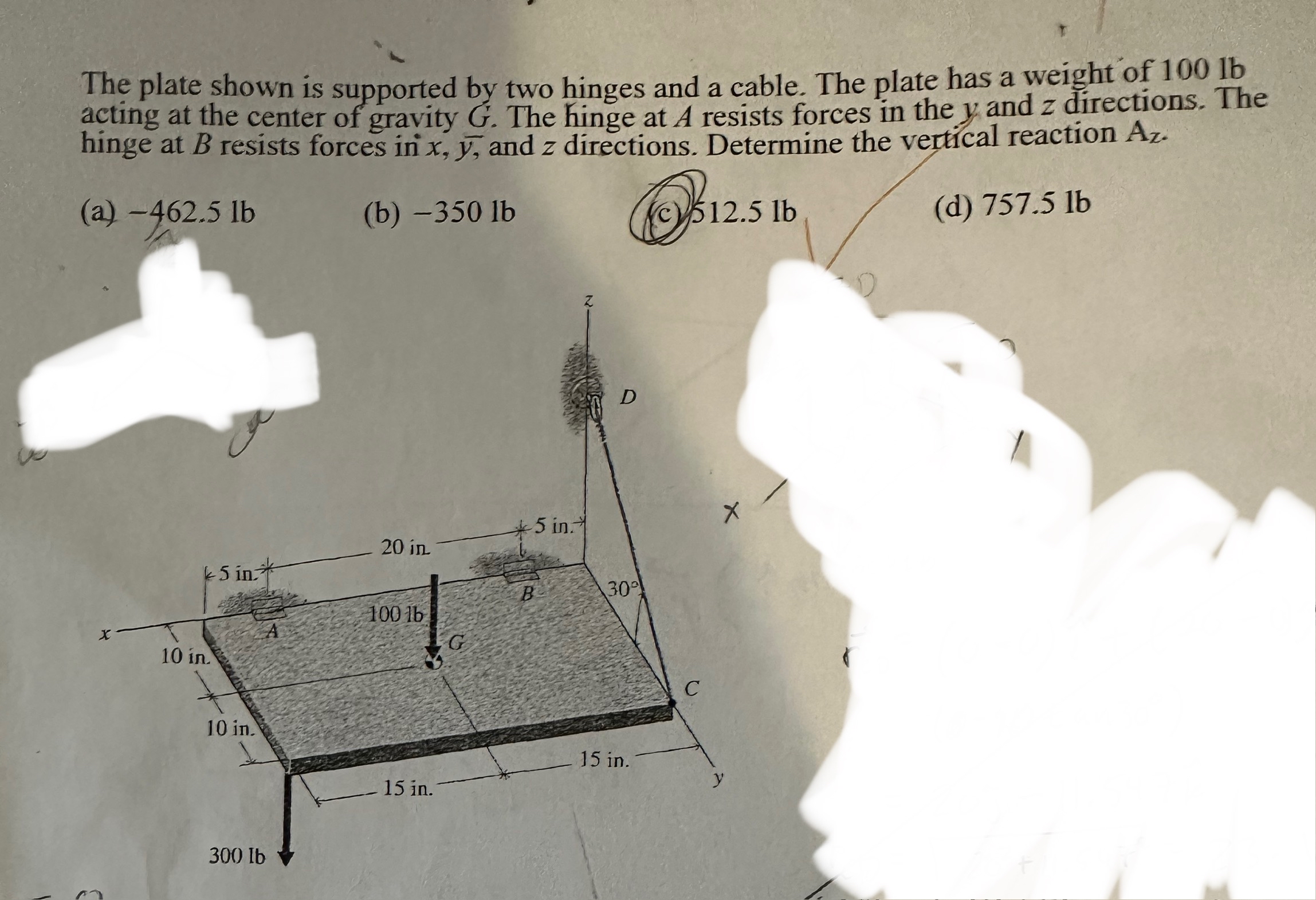 The plate shown is supported by two hinges and a