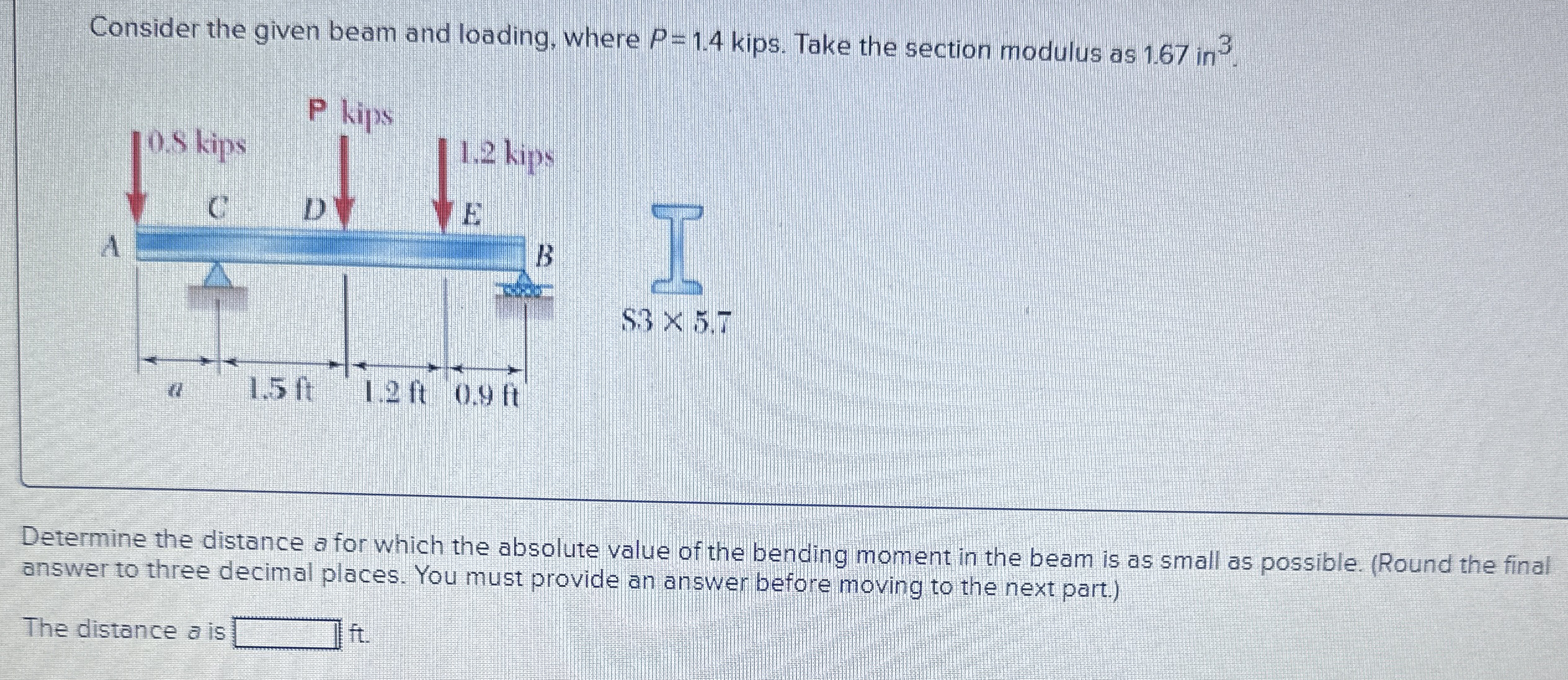 Consider the given beam and loading, where P = 1