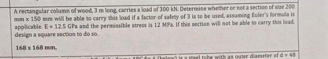 A rectangular column of wood, 3 m long, carries a
